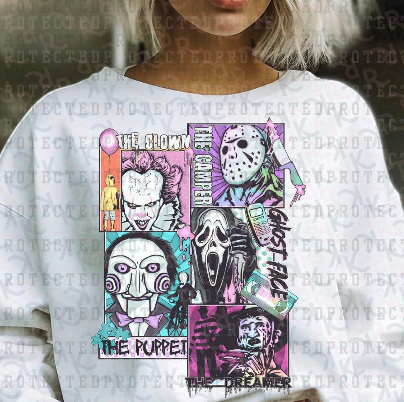 The clown, the camper, ghost face, the puppet, the dreamer , (5deck)11” DTF Transfer