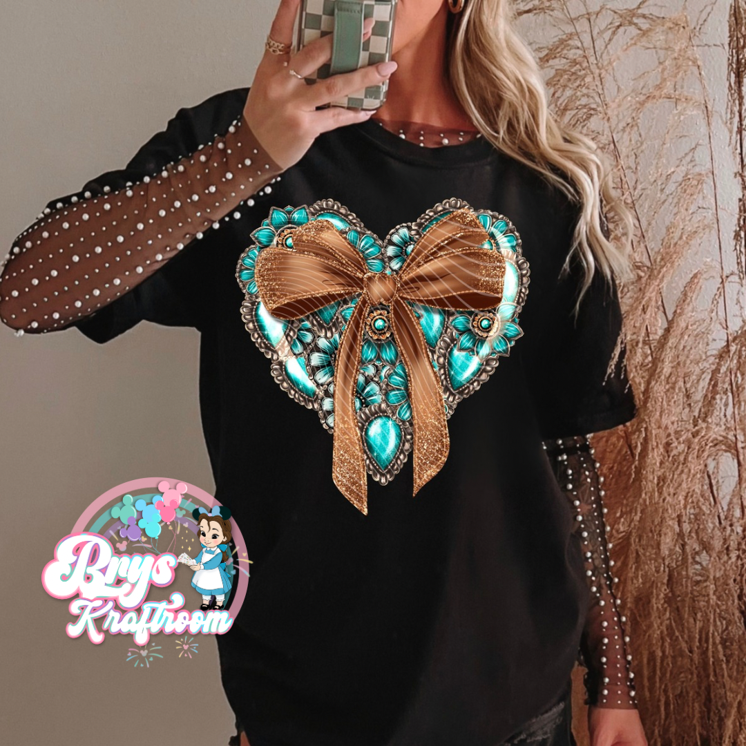 Turquoise Heart- Brown Ribbon