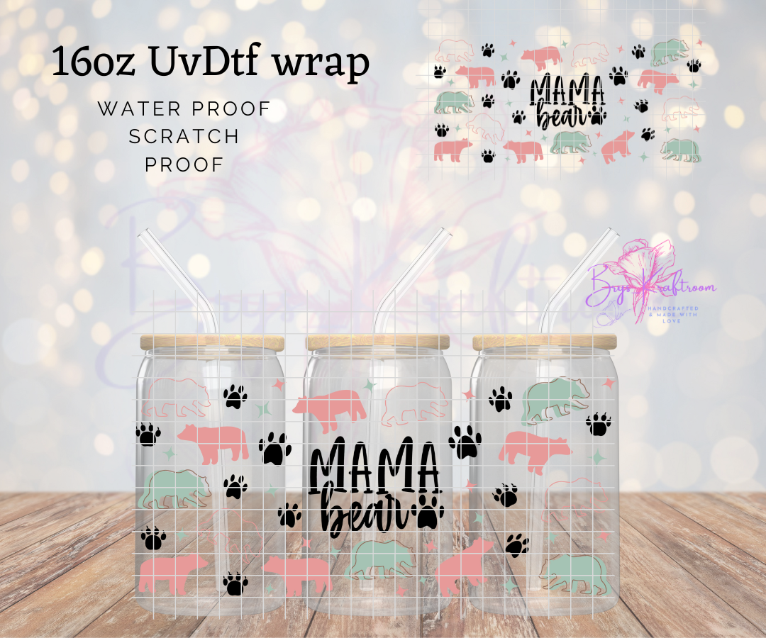 Mama Bear Pink+ Blue UV DTF Wraps